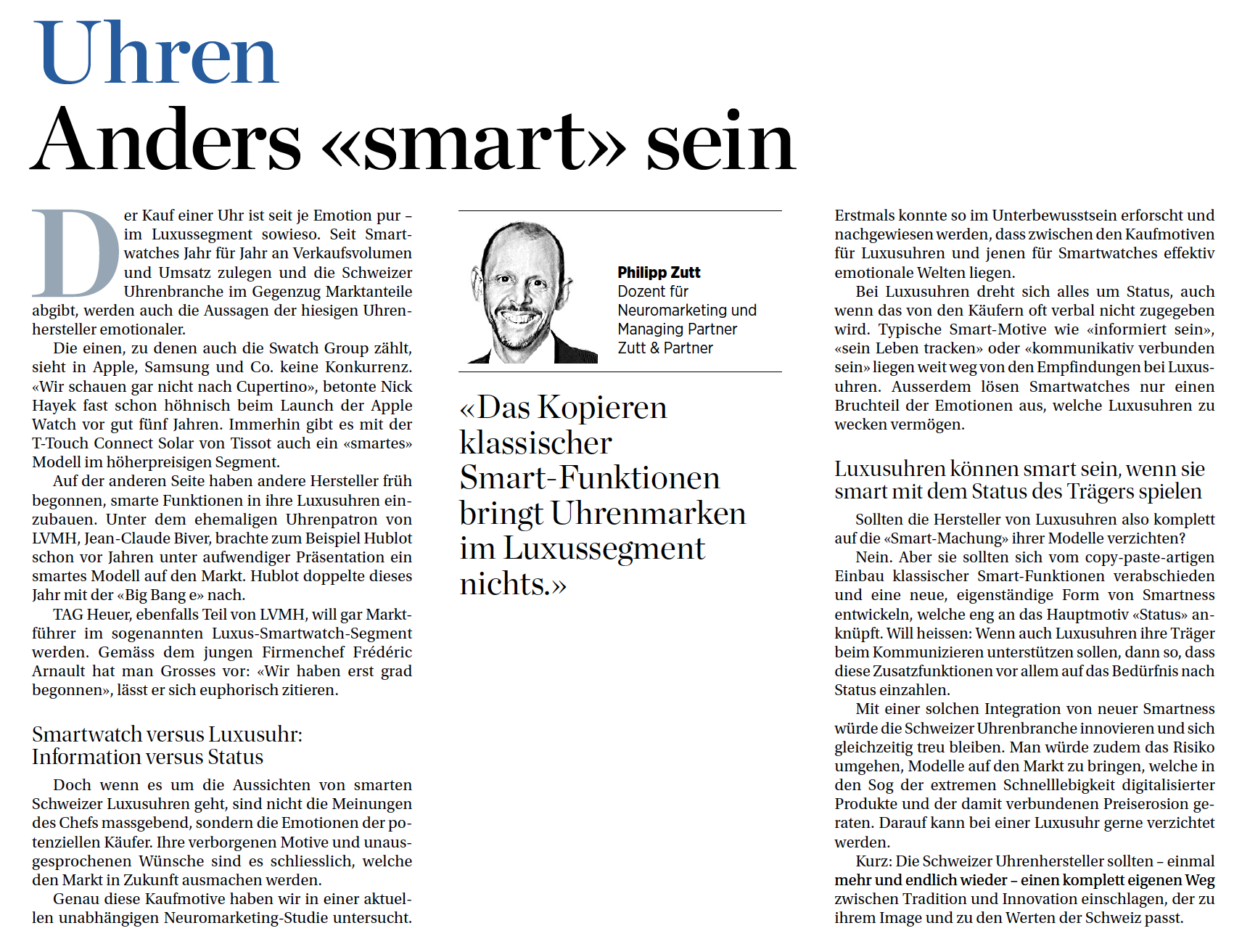 Gastbeitrag von Philipp Zutt in der Handelszeitungzum Thema Smartwatches